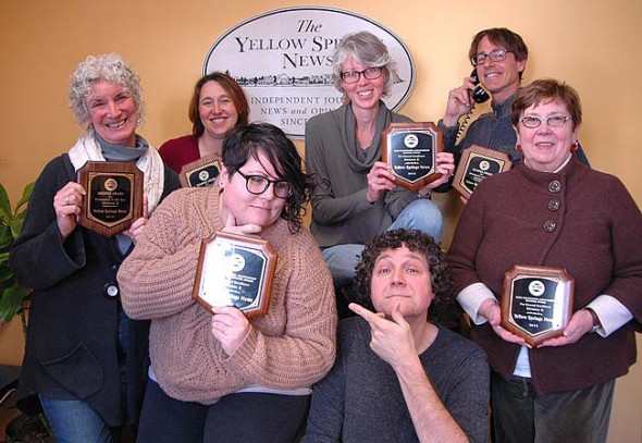The Yellow Springs News won the “Newspaper of the Year” award in its size category for the sixth straight year At the annual ONA awards. Shown above is the News fulltime staff, clockwise from left, Editor Diane Chiddister; former reporter Megan Bachman; Reporter Audrey Hackett; Advertising Manager Robert Hasek; Circulation Manager Kathryn Hitchcock; Designer Matt Minde; and Village Desk Editor Lauren Shows. Not pictured is former reporter Lauren Heaton; Designer and Photographer Suzanne Szempruch, and Reporter Dylan Taylor-Lehman. (Photo by 