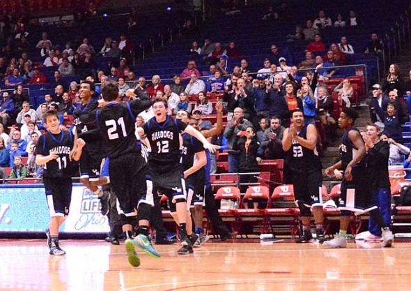The Bulldogs ran out onto the floor of the University of Dayton Arena on Thursday night just after the buzzer sounded and the Bulldogs won the District IV title.