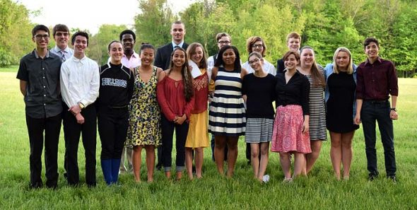 Eighteen students were inducted into the YSHS National Honor Society on May 11. Pictured, left to right, are Gabe Trillana, Augie Knemeyer, Landon Rhoads, Hannah Morrison, Jordan White, Olivia Brintlinger-Conn, Julian Roberts, Isaiah Slepicka (behind), Charlotte Walkey, Elizabeth Smith, Duard Headley (behind), Callie Smith, Ziven Siler (behind), Holly Weir, Danny Grote (behind), Danielle Horton, Annabel Welsh and Sam Green. (Submitted Photo)