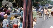 An unidentified daredevil takes a long walk during a street fair in 1988. The perspective would be welcome these days, as the event has grown significantly. (Photo by Irwin Inman, via Antiochiana)