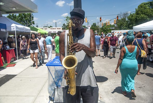 Musician Tumust Allison from Dayton played a powerful sax during last Saturday’s Street Fair. (Photo by Aaron Zaremsky)