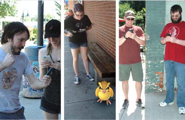 Luke Roburn and Leah Cultice of Beavercreek were hot on the trail of a Pokémon; a screenshot from Antioch student Claire “Connie” Brunson’s phone, outside of Tom’s, with “Pidgie”; brothers Chris and Cody Sackett, from Troy, outside the Emporium. (Photos by Dylan Taylor-lehman, except center, submitted)