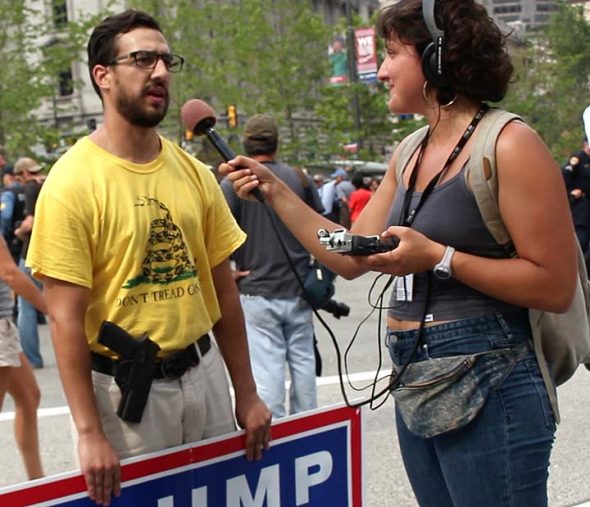 Antioch College student Lillian Burke interviewed an open carry activist at last week’s Republican National Convention in Cleveland. Burke and a number of fellow students went to the convention, where they spoke with activists and attendees of all stripes as part of Professor Charles Fairbanks’ media arts class. (Submitted photo)