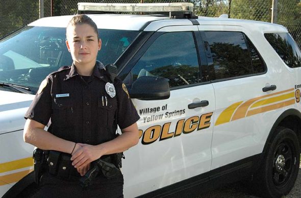New YSPD officer Allison Saurber stood in front of her new headquarters, where she has been learning the ropes of her new assignment as a patrol officer. She formerly worked in the Butler County jail as a corrections officer. (Photo by Dylan TaYlor-Lehman)