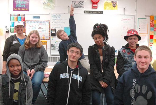 Students in a math class at Yellow Springs High School have launch a small business, YS Spirit Wear, to sell items that promote Bulldog Spirit. Shown above are, front row from left, Kelli B axter, Josh Lustre and Dyllan VanHoose; back row, teacher Donna Haller, Destiny Jent, Lucas Samsom, Nicole Mayer and Eli Cordell.