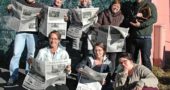 For the seventh year in a row, the Yellow Springs News won the top prize among weekly newspapers of its size at the Ohio Newspaper Association’s annual convention. The paper also came home with 14 individual awards, in categories ranging from editorials to advertising design. Pictured here is the award-winning team of (back row, from left) Matt Minde, Diane Chiddister, Audrey Hackett, Kathryn Hitchcock and Dylan Taylor-Lehman, as well as (front row, from left) Robert Hasek, Suzanne Szempruch and Lauren “Chuck” Shows. (Photo by Matt Minde, Suzanne Szempruch and the timer)