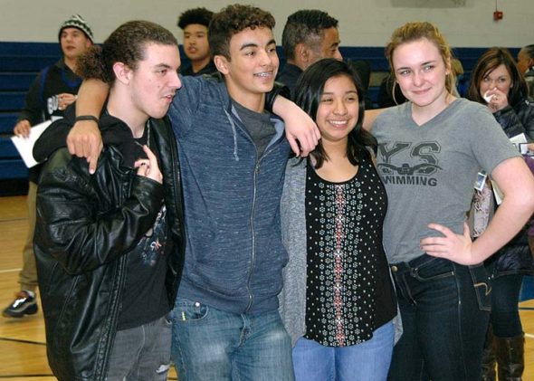 Trystan Burch, David Walker, Sara Zendlovitz and Lauryn Dewine of the YSHS swim team posed together following the ceremony. (Photo by Dylan Taylor-Lehman)