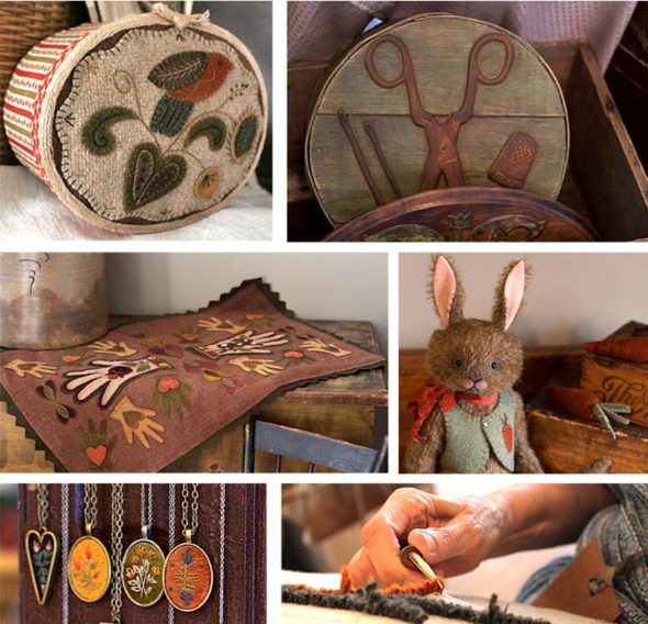 “From Our Hands and Hearts,” an annual creative retreat for needlework artists, is coming to Yellow Springs April 24–27. Organizers are Lori Ann Corelis, a folk artist who sews rabbits, teddy bears and other collectibles, and Rebekah Smith, a wool appliqué artist. The public is invited to a show and sale on the last day of the retreat, April 27, from 1 to 4 p.m. at Mills Park Hotel. (Submitted photos)