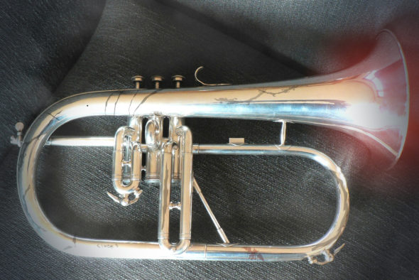 The 200-year-old flugelhorn recently found hidden in the walls of Antioch Hall.