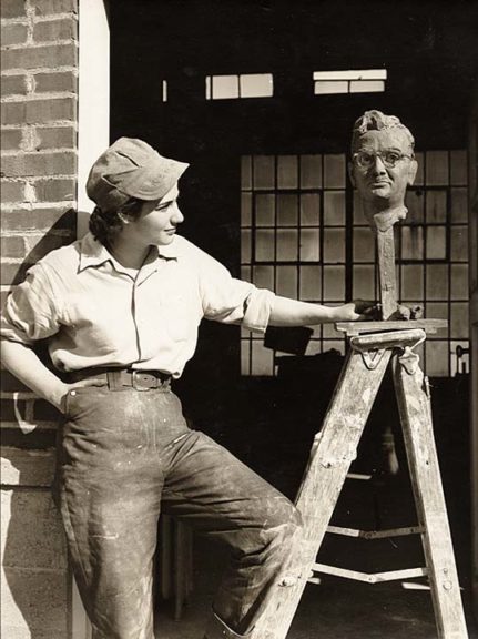 The Herndon Gallery will host a retrospective solo exhibition of works by sculptor Renata Manasse Schwebel, Antioch class of 1953, opening with a reception and a gallery talk by the artist on Thursday, July 13. The reception, from 4–6 p.m., will kick off events for Antioch College 2017 reunion this weekend. Shown here in her student days at the Antioch Foundry, Schwebel’s later work has focused on mid- to large-scale non-objective metal pieces. (Submitted photo)