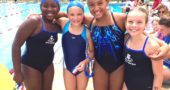 The final swim meet of the season for the Sea Dogs turned out to be a record-setting one for the team, with 12 team records and one league record being broken. Pictured are Joslyn Herring, Allie Hundley, Gini Meekin and Kaitlyn Uptegraft, who broke the team record for the 100-free relay in the girls ages 9–10 category. (Submitted photo)