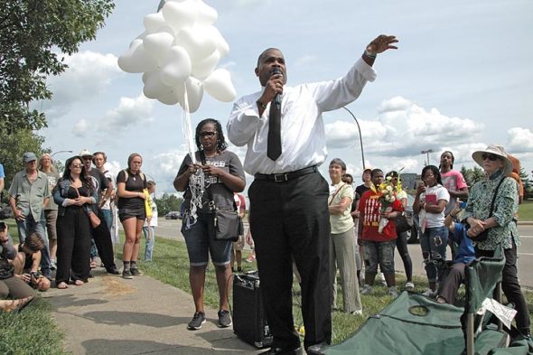 John Crawford III’s parents, John Crawford Jr. and Tressa Sherrod, pictured above, took part in the commemoration; Crawford Jr. delivered a powerful call for justice, and Sherrod released 25 balloons in honor of her son’s 25th birthday in August 2017. (News archive photo by Audrey Hackett)