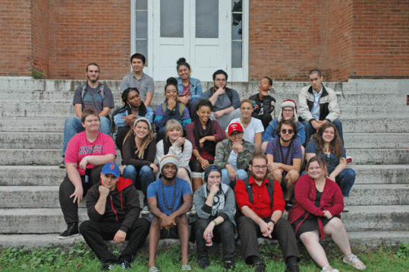 Antioch College’s new class gathered on the steps of Main Hall this week for their first group photo. Twenty-eight strong (most of whom appear above), the class is notably diverse. They hail from 10 states, have varied interests and almost half are students of color. (Photo by Audrey Hackett)
