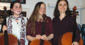 Cello Springs Festival, an 11-day cello extravaganza, returns to Yellow Springs with a series of public, semi-public and private events through Saturday, Jan. 13. From left, are co-directors Miriam and Lisa Liske-Doorandish and Chiara Enderle. (Photo by Carol Simmons)