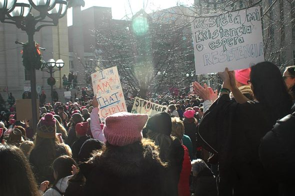 A crowd of several thousand people, including many from Yellow Springs, converged on Courthouse Square in downtown Dayton Saturday, Jan. 20, for the second annual Dayton Women’s March. (Photo by Diane Chiddister)