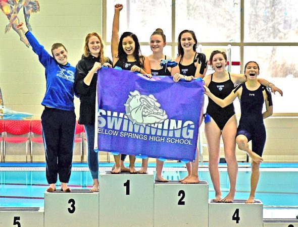 The YSHS girls swam to their third straight Metro Buckeye Conference Championship this year, capturing first place in an astounding six out of the 11 events. Pictured here are members of the winning team, including, from left, Ellery Bledsoe, Aza Hurwitz, Sara Zendlovitz, Madison Werner, Eden Spriggs, Natalie Galarza and Jude Meekin. All finished in the top eight in their individual events, with team captains Spriggs and Meekin winning all of their individual events. The girls 200 medley relay and 400 free relay also won, with the 400 free relay team setting a new MBC record. (Submitted photo by Kathleen Galarza)