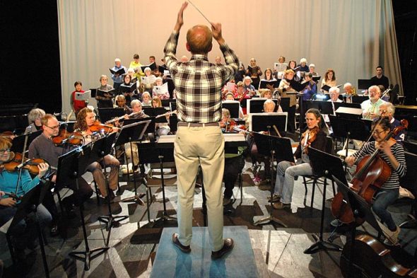James Johnston rehearsed the combined forces of the Yellow Springs Community Orchestra and Chorus in preparation for the Saturday evening's performance of Beethoven's groundbreaking 9th Symphony, at 7:30 p.m. in Antioch College’s Foundry Theater. (Photo by Matt Minde)