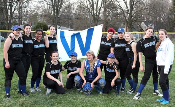 The members of the 2018 YSHS softball team after their first win of the season on April 13, back, from left: Zoe Lafferty, Kadie Lafferty, Sara Zendlovitz, Brielle Willis, Aaliyah High, Kelsie Lemons, Elly Kumbusky, Zay Crawford, Janine Stover; Front, from left: Hailey Burk, Gracie Price, Ashlyne Griffis, Beca Spencer.  (Submitted photo by Jimmy DeLong)