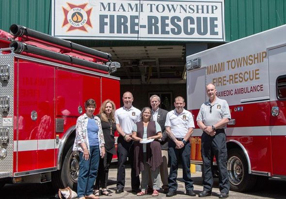 From Left to right: Sandy McHugh, Rebecca Morgann, Fire Chief Colin Altman, TownshipTrustee Chris Mucher, Assistant Chief Denny Powell, and Firefighters Association President Bob Cooper. (Photo by Morgan Beard)