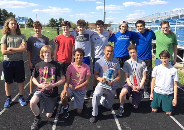 The Yellow Springs High School boys track team won second place at the recent Bulldog Invitational meet, held in Yellow Springs. Shown above are, left to right in the first row, Michael Vickers, Griffin Roberts, Ibi Chappelle, Raven Campbell and Jay Millman. In the second row are Gideon Nazari, Finn Bledsoe, Liam Hackett, Jakob Lara-Woodburn, Kaden Bryan, Zach Lugo, Mark Bricker and Harper Mesure. (Submitted photo by Coach John Gudgel)