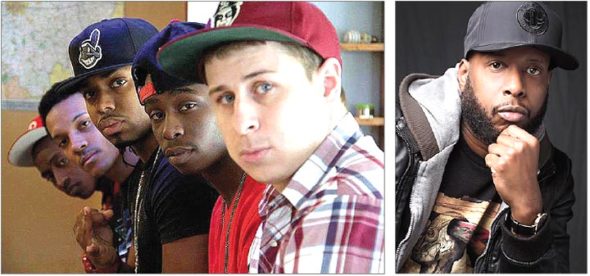 Local hip-hop group Village Fam, featuring Issa Walker, third from left, and headliner Talib Kweli, at right, will perform at Music on Main this Saturday, June 9. Music at the new festival begins at 5 p.m. (Photos, from left, Andrew White; Dorothy Hong)
