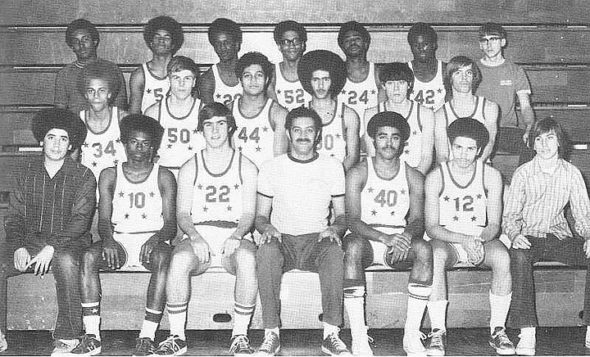 Submitted Photo  Yellow Springs Athletic Hall of Fame inductee Charlie Coles, front row center, led the 1972 YSHS boys basketball team to a district title as its coach. Coles, who died in 2013, went on to win more games at Miami University than any other coach. (Submitted photo)