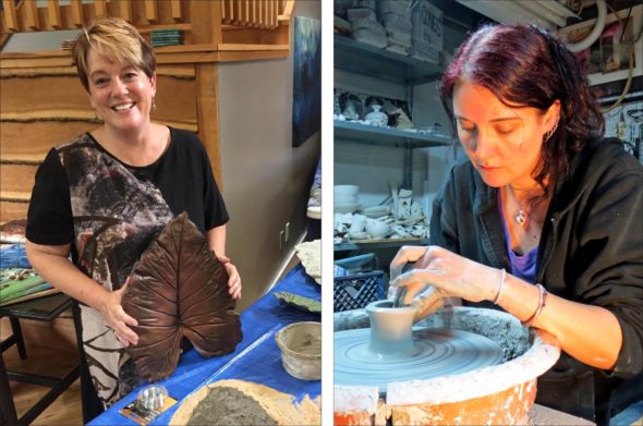Julie Phipps, left, showcased her leaves cast in cement and Tara Anderson, right, worked recently on her wheel-thrown pottery at her home studio. The two local artists are among the 100 who will sell their wares at the 35th annual Art on the Lawn on Saturday, Aug. 11, from 10 a.m. to 5 p.m. outside at Mills Lawn Elementary School.  (photo by Carla Steiger (left), submitted photo)