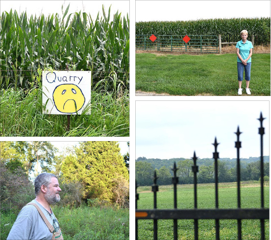 The following are scenes from a drive last week around the 420 acres of land planned for a limestone quarry a few miles north of the village. Counterclockwise from top right, Kathleen Matthews of Citizens Against Mining – Mad River Township stands in front of a cornfield planned for limestone mining at the edge of her subdivision; a view from Fairfield Pike of one parcel of land permitted for mining “as far as the eye can see;” Jon Vanderglas looks out at the wetland at his family’s farm that some believe may be threatened by water pumping at the mine; and a sign erected as part of a fence art display along Garrison Road faces the first phase of the proposed quarry across the street.  (photos by Megan Bachman)
