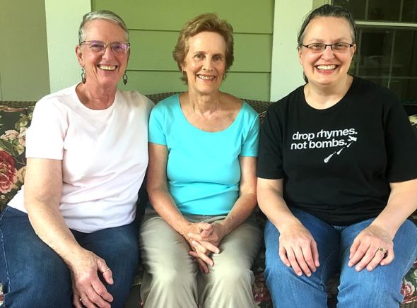 A group of five poets meet regularly in the village to share and critique each other’s work using a unique method developed in nearby Greenville. From left to right are Fran Simon, Anne Randolph and Joan Harris of the group. Not pictured are Maxine Skuba and Annette Oxindine. (Photo by Carla Steiger)