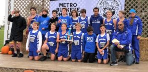Isaac Grushon, Krishan Miller and Ben Espinosa led the McKinney School boys cross country team to a conference title at the MBC meet on Friday, Oct. 12. Champion runners are, from left to right, back row: Jack Hovath, JP Anderson, Jason Knemeyer, Dylon Mapes, Ethan Knemeyer, Samuel Telawny-Cassity, Otto Cipollini, Krishan Miller, Josh Clark, Max Lugo, Head Coach Isabelle Dierauer; front row, Kael Cooney, Tallis Onfroy-Curley, Liam McClean, Luka Sage-Frobotta, Ben Espinosa, Isaac Grushon and Assistant Coach John Gudgel. (Submitted photo)