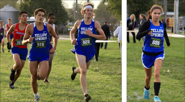 Left: Yellow Springs High School runners Mark Bricker, left, and Zach Lugo pushed themselves to personal best times at the home meet at Young’s Dairy last week; they finished the 5K in 17:59 and 18 minutes, respectively. right: Jude Meekin led the girls team with a third-place finish in the 5K race, coming in with a time of 21:28.  (submitted photos)