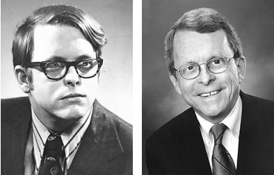 Photos By (L) Axel Bahnsen; (R) John TutuRros, Creative commons license Mike DeWine is looking to become the first governor to hail from the village. At left, is an Axel Bahnsen portrait of DeWine from 1972, seven years after his graduation from Yellow Springs High School, and at right is a recent campaign photo. 