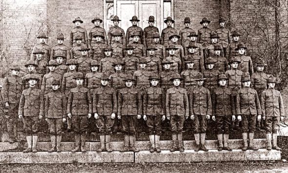 This 1918 photo shows some of the Antioch College students who joined the Student’s Army Training Corps, a federal program in which male college students were given military training while taking college courses. To be part of the national World War I program, the college had to turn a dormitory into a military barracks. Fifty-four students took part in the training, which included marching around campus in formation. (photo courtesy of Scott Sanders, Antiochiana, Antioch College)