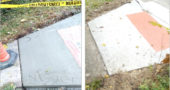 A newly poured concrete curb along West South College and Wright streets was defaced with a racial slur on Oct. 30 (left), and was smoothed over before it set completely (right) by a worker. (Photos Submitted by Kevin McGruder)