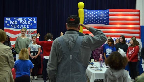 In honor of U.S. veterans’ “sacrifice, patriotism and service to our country,” Mills Lawn students welcomed nearly 70 military men and women to the school Monday, Nov. 12, for a special program and luncheon.