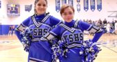 Cheerleaders Stella Lieff and Rosemary Burmester struck a pose during a recent boys JV basketball game. (Submitted photo by Luciana Lieff)