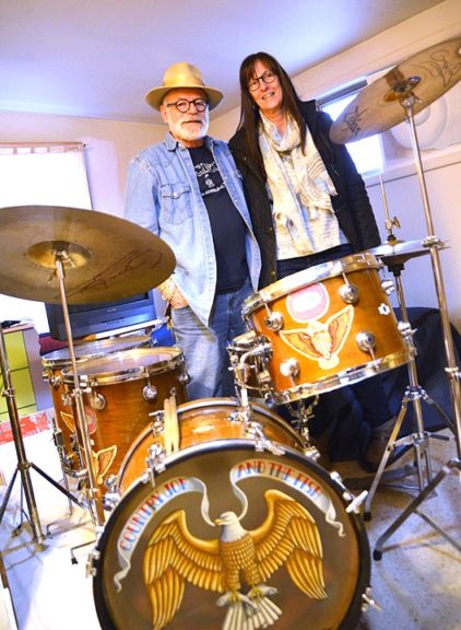 Duke Dewey and the drumset he used at Woodstock Music and Art Fair, where he performed with Country Joe and the Fish. Below: 