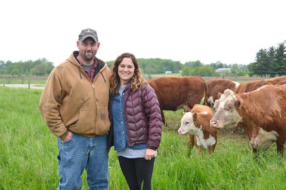 Scott and Jillian Marshall are in their seventh year of raising beef cattle at their West Jackson Road farm a few miles northeast of the village. The local farmers — who still have their day jobs — love caring for the cows, teaching their children about the cycle of life and serving customers with antibiotic-free, mostly grass-fed beef.  (Photo by Megan Bachman)