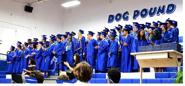 The 63-members of the Yellow Springs High School Class of 2019 stood expectantly on the risers at the commencement ceremony Thursday night, May 30. (Photo by Kathleen Galarza)