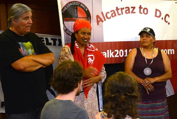 Five Native American activists who are crossing the country in a five-month trek called “The Longest Walk: We Shall Continue” stopped Thursday, June 27, at Rockford Chapel on the Antioch College campus to share information about their journey and the 11 issues they carry. Pictured, from left, are walkers Michael Lane, Sharon Heta and Cynthia Young. (Photo by Carol Simmons)