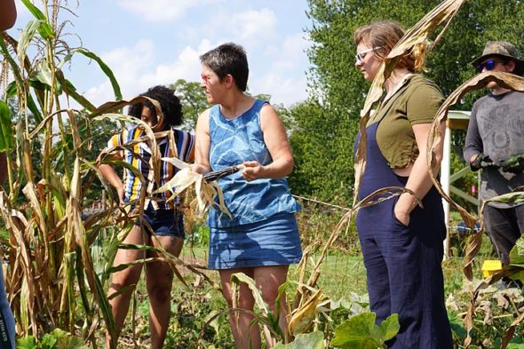Beth Bridgeman, center, leads an Antioch College class in seed preservation, which met recently in the “three sister’s” garden on the Antioch Farm. Antioch student Ryn McCall, right, listened. (Photo by Carol Simmons)
