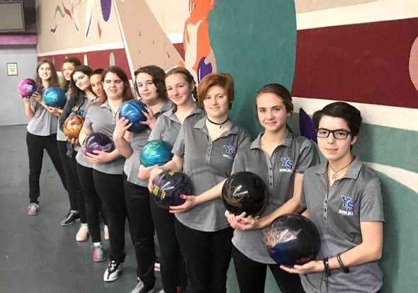 This year’s Yellow Springs High School girls bowling team includes, from left to right, Carley Blakey, Carina Basora, Kiera Fogarty, Emily Ranard, Sierra Ward, Audrey Thomas, Kira Hendrickson, Zoe Clark, Sophia Lawson and Steph Burks. (Submitted photo by Assistant Coach Sharon Miller)