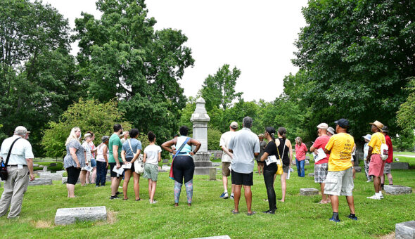 About 30 people attended 365 Project’s Blacks in Yellow Springs cemetery tour on Saturday, July 24, featuring the stories of the Black villagers who are buried there. (Photo by Kathleen Galarza)