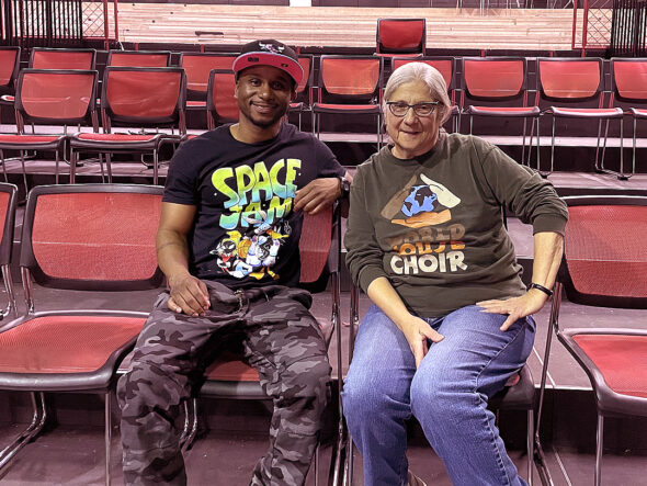 Guy Banks, left, whose stage name is “Tronee Threat,” is pictured with World House Choir Director Catherine Roma. The two were in rehearsals for the concert “Solidarity Dividend: Art in Action,” which will be presented Saturday and Sunday, May 14 and 15, at the Foundry Theater on the Antioch College campus. (Photo by Cheryl Durgans)