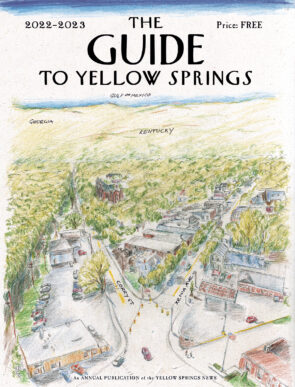 “The View from Yellow Springs” is (yet another) deliberate reworking of the famous and oft-imitated, oft-parodied March 29, 1976 New Yorker magazine cover by Saul Steinberg, depicting a New Yorker’s view of the world from Ninth Avenue. While the original was meant to poke gentle fun at New Yorkers’ perception of their city as the center of the world, this cover is meant to convey the disproportionate influence that the small town of Yellow Springs has had on the world at large. Rendered from a composite of aerial photographs courtesy of Bryan Cady. —Matt Minde