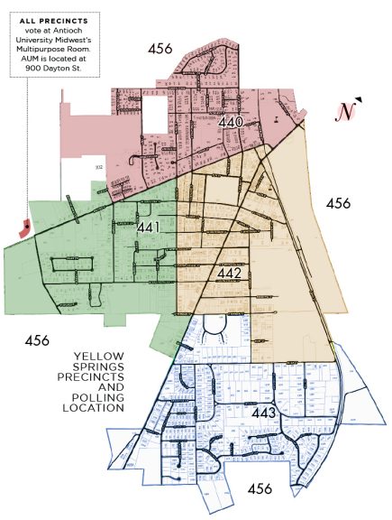 Yellow Springs precinct map and polling locations. Click on the map to enlarge.