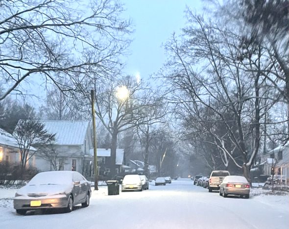 Snowy road in Yellow Springs neighborhood